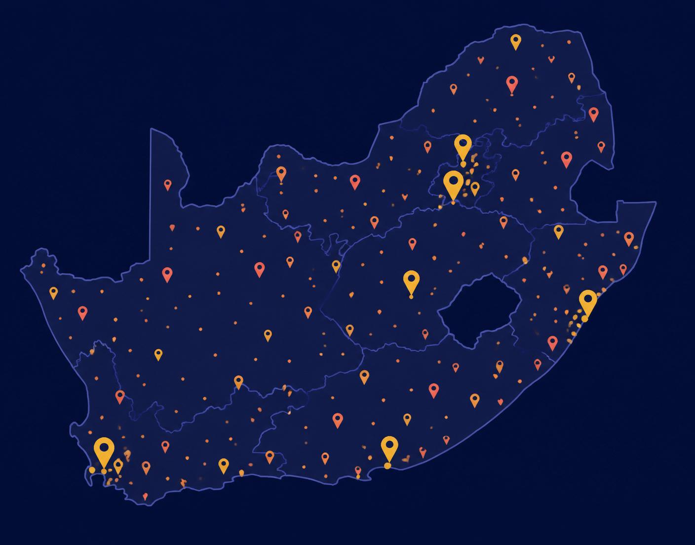 Map of South Africa showing Promo Nation SA's national footprint and neighbouring countries